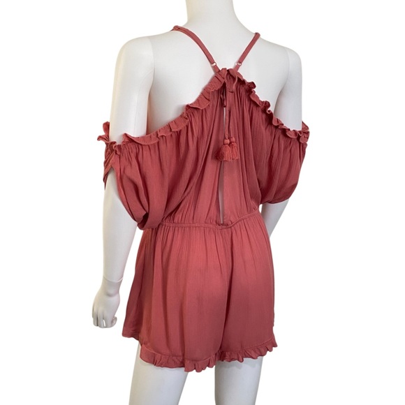 NWOT Topshop Rust Pink Coral Ruffle Hem Tie Back Cold Shoulder Slouchy Sleeve - Picture 7 of 12